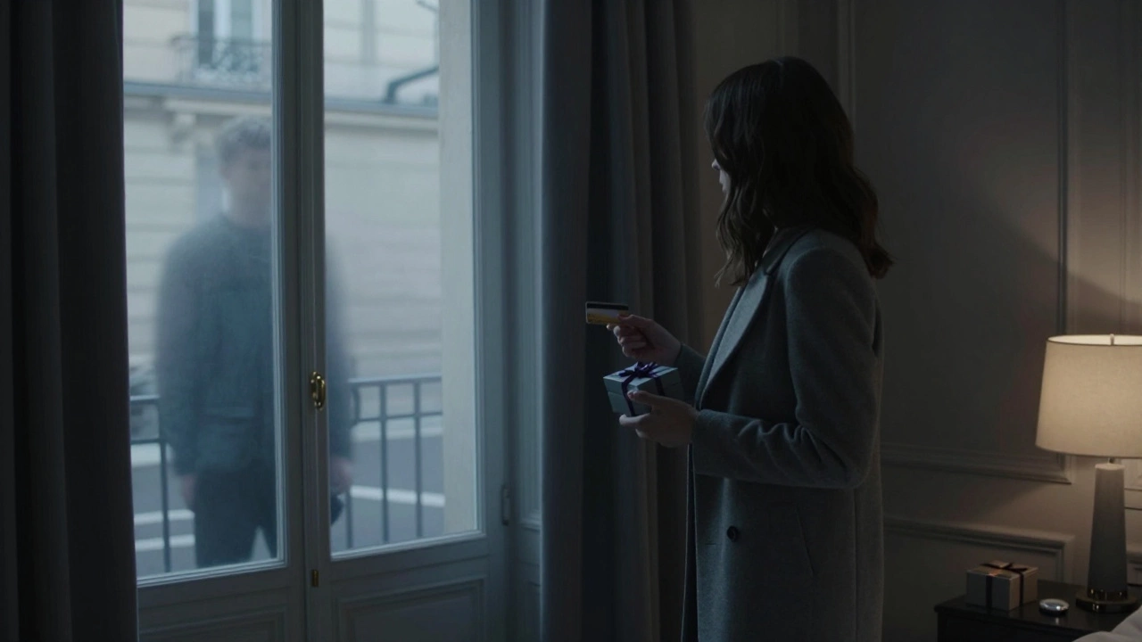 An anonymous meeting in a boutique hotel room, shadows and prepaid card visible, no faces shown, sense of secrecy and calm.
